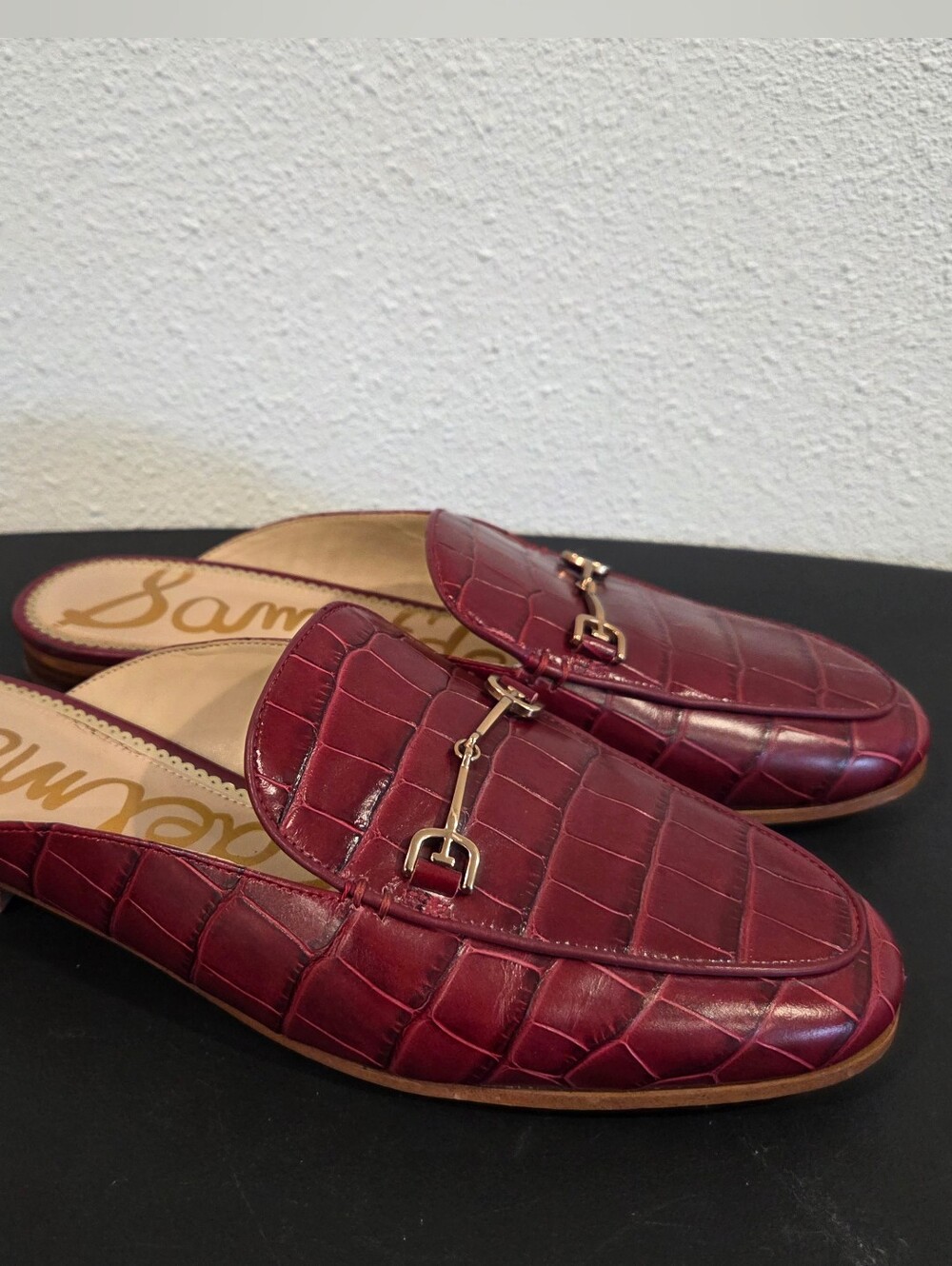 Sam Edelman Burgundy Red Croc-Embossed Leather Slip-On Mules